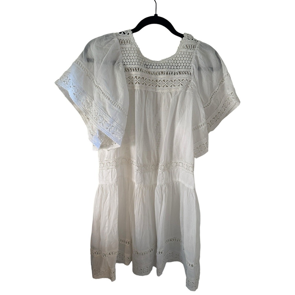 Sea NY Mini Dress Womens Small White Smocked Flutter Sleeve Cotton Drop Waist